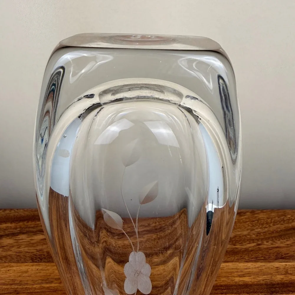 Johansfors Glasbruk Swedish Art Glass Vase Etched Floral Clear Crystal MCM 8.25